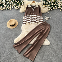 Ensemble deux pièces décontracté pour femme en tricot rayé, haut à col polo et manches longues, pantalon large, tenue de loungewear pour l'automne et les trajets quotidiens