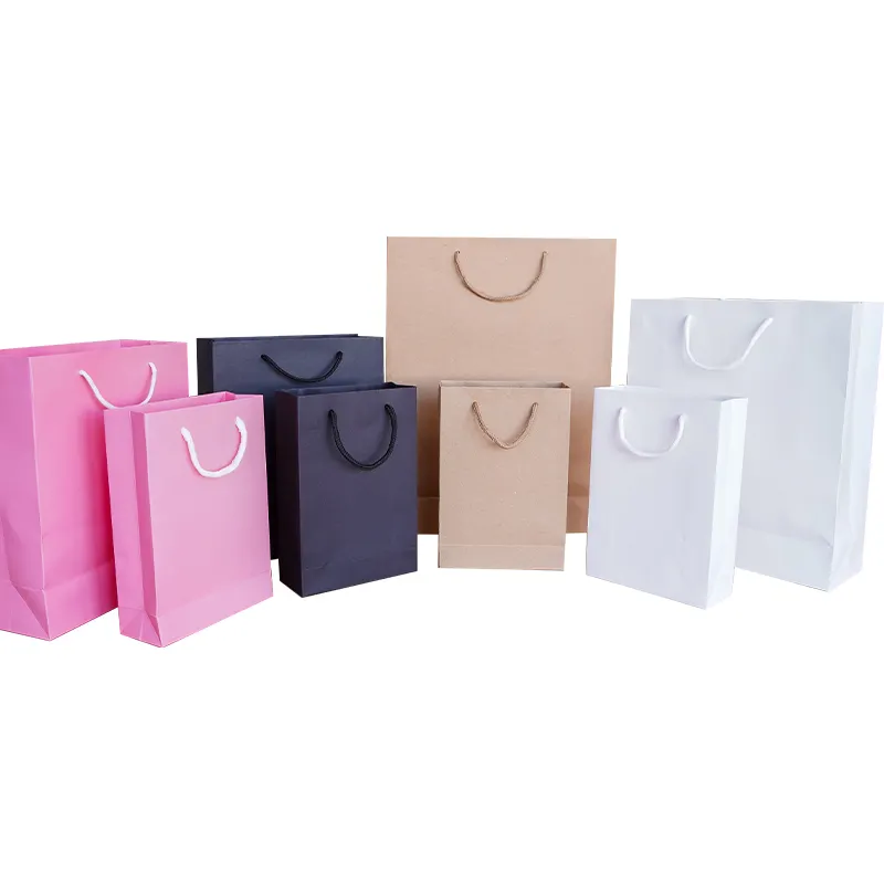 Embalaje de cartón personalizado con tu logotipo, bolsa de papel de compras con asas, regalo artesanal, color blanco, rosa y marrón