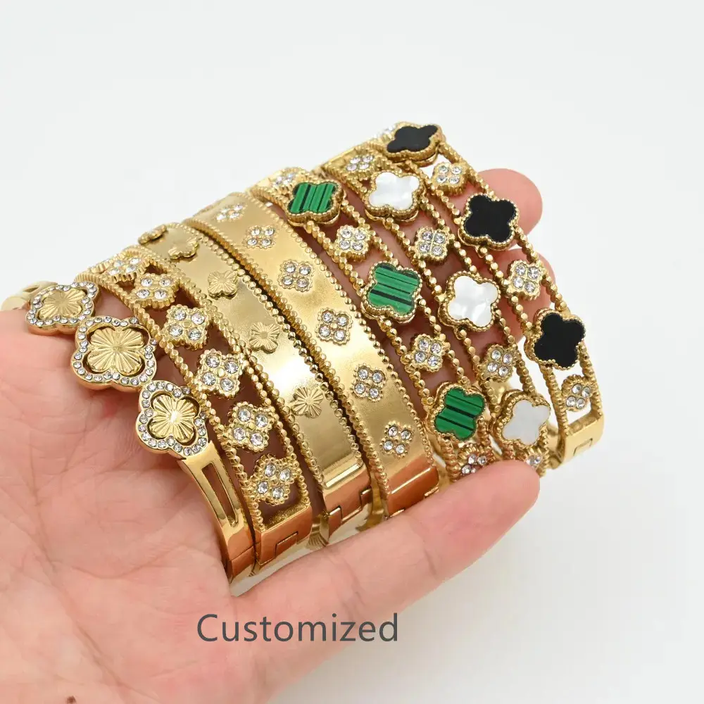 Bracelet de créateur en acier inoxydable plaqué or trèfle en zircon Bracelet de couple Bangles pour femmes Bijoux en acier inoxydable