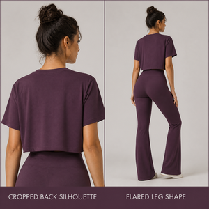Ensemble 2 pièces de sport et yoga pour femme grande taille avec logo personnalisé, taille élastique, manches courtes amples et leggings évasés taille haute - Product Image 4