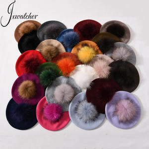 Jxwatcher السيدات سادة كلاسيكي قبعة قبعة من الصوف مع فرو حقيقي كبير بوم بوم فنان الربيع الشتاء متماسكة الفرنسية النساء الصوف قبعة مخصصة - Product Image 5