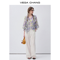 Chemise à fleurs vertes et violettes VEGA CHANG pour femmes avec bordure à volants, col en V et manches bouffantes, haut décontracté en mousseline de soie