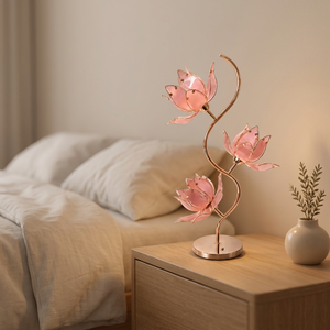 Lámpara Tradicional China de Loto Rosa, Flores de Vidrio Hechas a Mano sobre Tallo Bañado en Oro, Luz Decorativa E26 para Mesita de Noche, para Hogar Asiático - Product Image 1