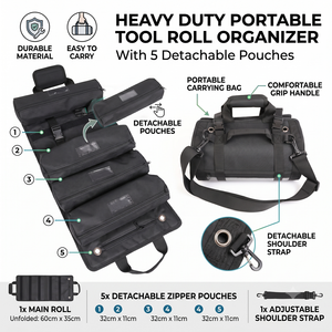 Heavy Duty 5 Detachable Pouches <b>Tool</b> <b>Roll</b> Up Bag Multipurpose Organizer For Electrician Contractors Professionals Storage Pouch - Product Image 1
