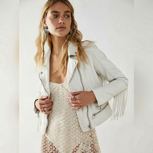 Chaqueta de Motociclista de Cuero Blanco con Mangas con Flecos, Cuello Camisero, Cierre de Cremallera en las Mangas Completas, Estilo Primavera para Mujer - Product Image 1