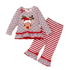 2023 Hot sale Christmas Deer Outfit Long Sleeve Ruffle Top Fall Clothes Striped Flare Pants Set for girls