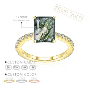 KH068 Bleibender feiner Schmuck Großhandel Smaragds chliff 5x7mm Benutzer definierte Frauen 9K 10K 14K 18K Massiv gold Moos Achat Ring für Verlobung