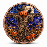 Pièce commémorative en cuivre fin 99,9 % de 1 once, avec relief 3D, sur le thème de l'Halloween (Épouvantail, Jack O'Lantern, Corbeau, Champ de maïs), souvenir, objet de présentation et cadeau