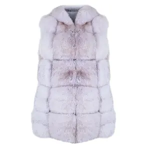 Women's thick ladies long fluffy longline real fox fur gilet bodywarmer vest with fur hood for women