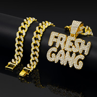 Pendentif Alphabet Iced FRESH GANG pour Hommes, entièrement serti de diamants, en alliage d'acier inoxydable, avec chaîne cubaine, style Hip Hop, cadeau pour rappeurs