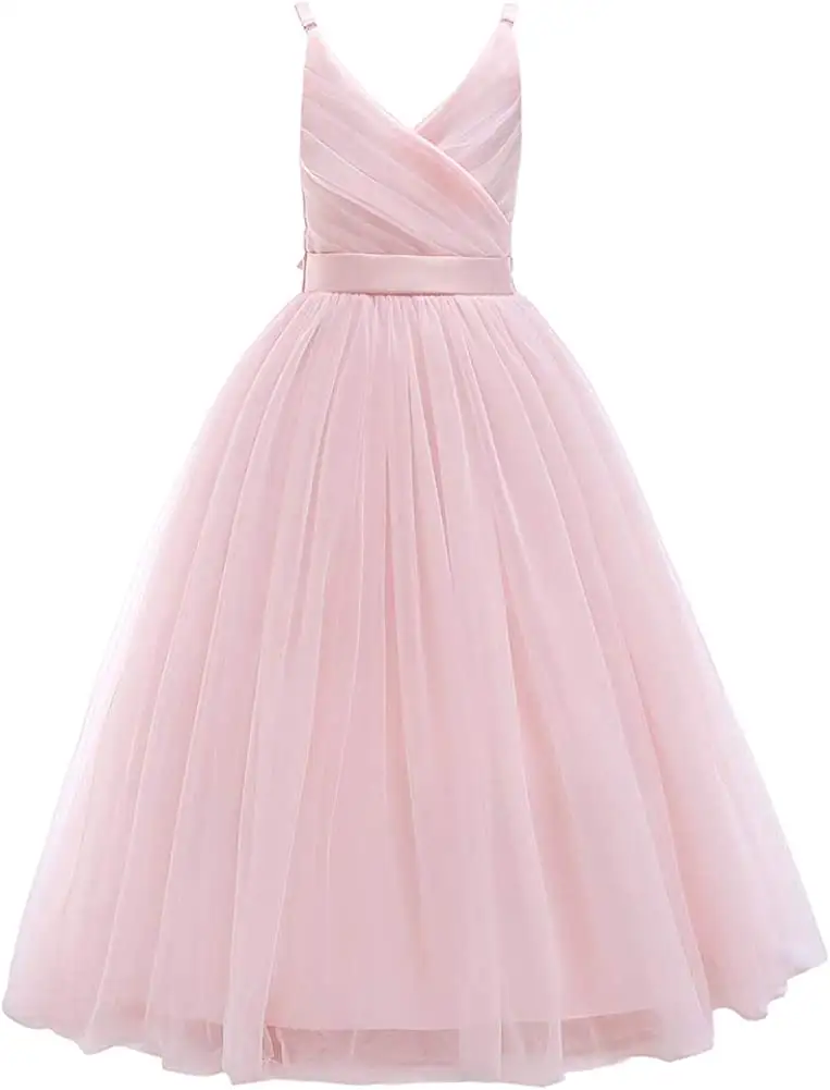 Solid Color Luxury Sashes Long Spring Summer Autumn Girls Dresses Flower Girls Lace Bridesmaid Dress Long A Line Wedding
