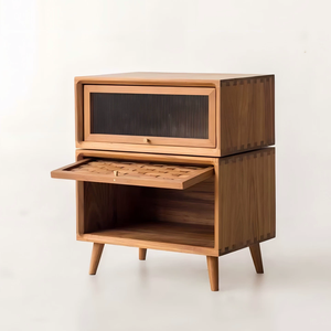 Solid <strong>Teak</strong> Wood Night Stand Modern Rotating Storage Cabinet Living Room Bedroom Night Stand <strong>Bedside</strong> <strong>Table</strong> - Product Image 4