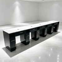 Station de travail pour ongles 5 places avec plateau en stratifié marbré, filtration d'air, accents dorés, prises électriques - Mobilier de salon