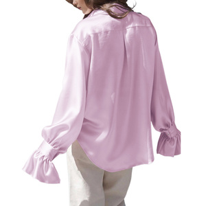 Blusa de satén rosa para mujer con mangas abullonadas y volantes, camisa informal holgada, Top de manga larga de color liso para primavera y verano - Product Image 1