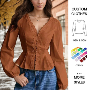 Blusas Femininas Casuais Soltas de Manga Longa com Renda Frontal, Respiráveis, Decote em V, Plissadas, com Cinto na Cintura e Abotoamento Simples para Escritório - Product Image 1