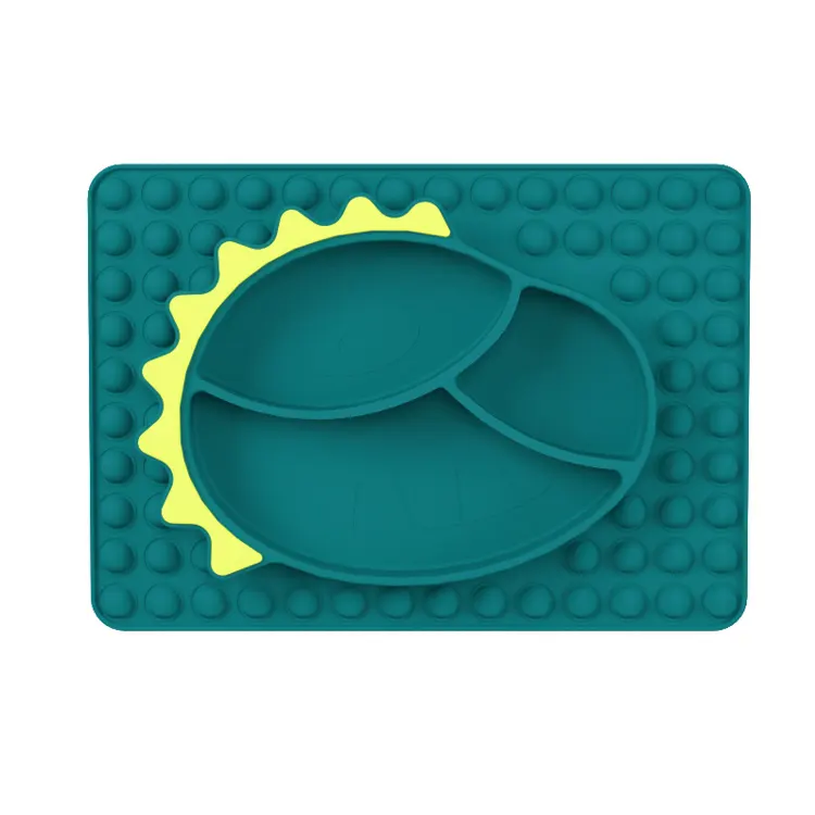 Placa de alimentação de silicone para bebê, placa de silicone com divisão para bêbe, dinossauro