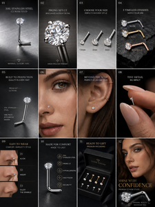 <span class=keywords><strong>Piercing</strong></span> de Nariz de Acero Inoxidable 316L con Zirconia Cúbica, en Forma de L, Recto y Curvo, Hipoalergénico, para <span class=keywords><strong>Mujer</strong></span> - Product Image 2