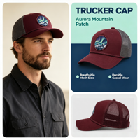 Casquette Trucker Vintage Bordeaux en Gros avec Patch Graphique Montagne Aurore et Détail Corde, Maille Personnalisée OEM ODM, Casquette Trucker Corde