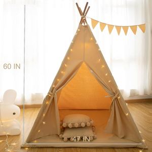 Tente tipi pour enfants en toile de coton respirante 100% kaki avec tapis rembourré et lumières étoiles - Product Image 2