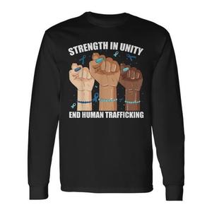 Camiseta de manga larga Strength In Unity con diseño de lazo azul para concienciar sobre el tráfico de personas - Product Image 1