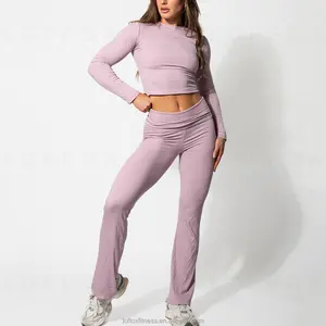 New Design Soft Comfort Sport Lounge Long Sleeve Crop Top High Waist Flare Leggings Women 2 Piece Ribbed Yoga Activewear Set