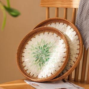 Vietnam fait à la main nacre plateau en rotin grand panier de coquille pour Table basse Snack Dessert fruits salon de thé paniers de rangement - Product Image 1