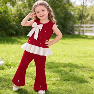 Ensemble de vêtements pour filles de <span class=keywords><strong>4</strong></span> à 7 <span class=keywords><strong>ans</strong></span>, haut rouge à manches courtes en tricot avec nœud et perles, mini-short, vêtements pour enfants - Product Image 4