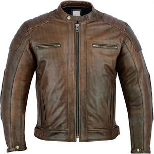 Premium Brown Leather <b>Jacket</b> Men Stand Collar <b>Motorcycle</b> Biker Outerwear Full Zip Vintage Fashion <b>Jacket</b> Custom OEM Wholesale - Product Image 2