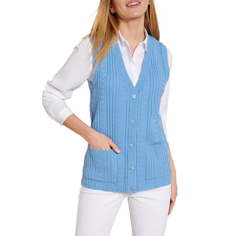 HD46041 dames automne classique sans manches fantaisie côtelé Cardigan tricoté avec poche Patch Chevron côtes gilet confortable facile à porter