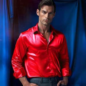 Мужская повседневная рубашка из шелка, на пуговицах, с длинным рукавом, блестящая, однотонная, из сатина, для торжественных мероприятий - Product Image 3