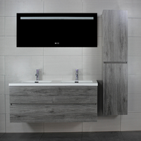 Meuble-lavabo mural en PVC, double vasque en céramique, deux tiroirs à fermeture douce, armoire latérale haute et miroir LED anti-buée pour maison, appartement et villa