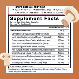 Cápsulas de setas de etiqueta privada, suplemento nootrópico, extracto de melena de León, fortalece <span class=keywords><strong>el</strong></span> <span class=keywords><strong>sistema</strong></span> inmunológico, píldoras de Cordyceps - Product Image 2