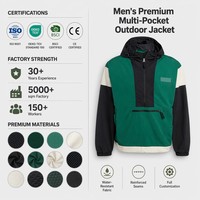 Veste Anorak Homme Personnalisée à Panneaux Vert Foncé Blanc Noir Coupe-Vent à Capuche Demi-Zip Technique Extérieur Utilitaire Hauts de Gamme