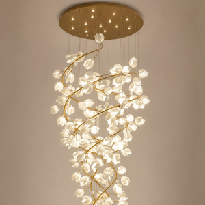 Lustre en céramique personnalisé en forme de spirale de fleur de magnolia, grand luminaire suspendu artistique pour villa, escalier, hall d'hôtel, atrium - Product Image 2
