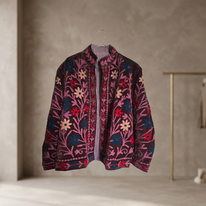 Elegante Chaqueta de Terciopelo Bordada para Mujer, con Estampado Floral, Cuello Alto, Manga Larga, Estilo Bohemio Otoñal, Frente Abierto, Color Granate - Product Image 3