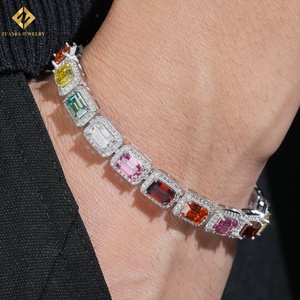 925 Sterling Silver VVS Moissanite <b>Rainbow</b> Emerald Cut Tennis <b>Bracelet</b> Halo Setting Colorful Gemstone Iced Out Geometric Jewelry - Product Image 5