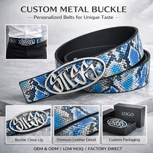 <span class=keywords><strong>Ceinture</strong></span> ovale tendance avec boucle en acier inoxydable STSS pour hommes, accessoires en cuir de <span class=keywords><strong>serpent</strong></span> bleu - Product Image 1