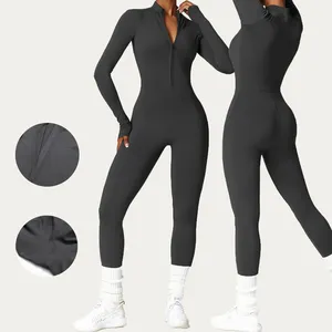 Custom 1 Piece Yoga Bodysuit Women Long Sleeve Fitness Jumpsuit Rompers Biker Short Sport Outfit Women Bodycon Yoga Jumpsuit