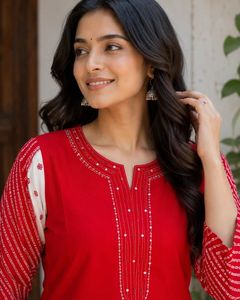 Fashion <b>Red</b> Bandhani Border Rayon Kurta Pant Set With Embroidery Comfortable Breathable Rayon Fabric Ethnic Outfit Suitable - Product Image 3