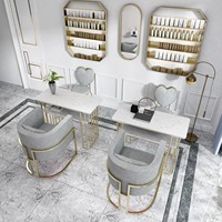 Ensemble table et chaise de manucure en velours marbré de luxe léger, avec cadre en métal doré, bureau à ongles écologique pour salon de beauté