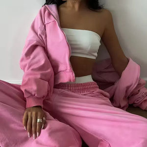 Automne hiver 2024 femmes vêtements survêtement survêtement ensemble Logo personnalisé 2 pièces Double fermeture éclair à capuche et pantalon de survêtement à jambe large ensemble - Product Image 5