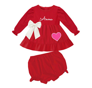 Robe Rouge Cœur et Nœud pour Filles, Broderie Nom Personnalisé, Grand Nœud Blanc, Applique Cœur Rose, Vêtements de Fête pour Tout-Petits - Product Image 4