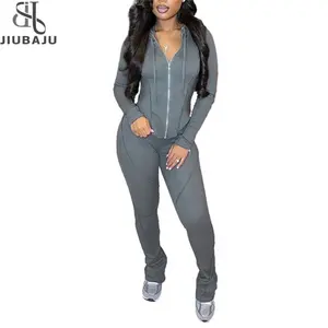 Casual Autumn Two Piece Set Women Hooded Zip-up Irrgulary Shape Tops+Solid Striped Line Slim Pants Female Classic Outfits