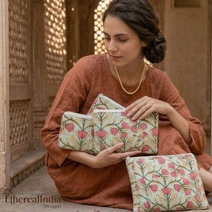 Quilted Floral Laptop Sleeve & Pouch Set with Zipper Closure Vintage Lady Style Two Handles Eco-Friendly Wholesale Export India - Product Image 2