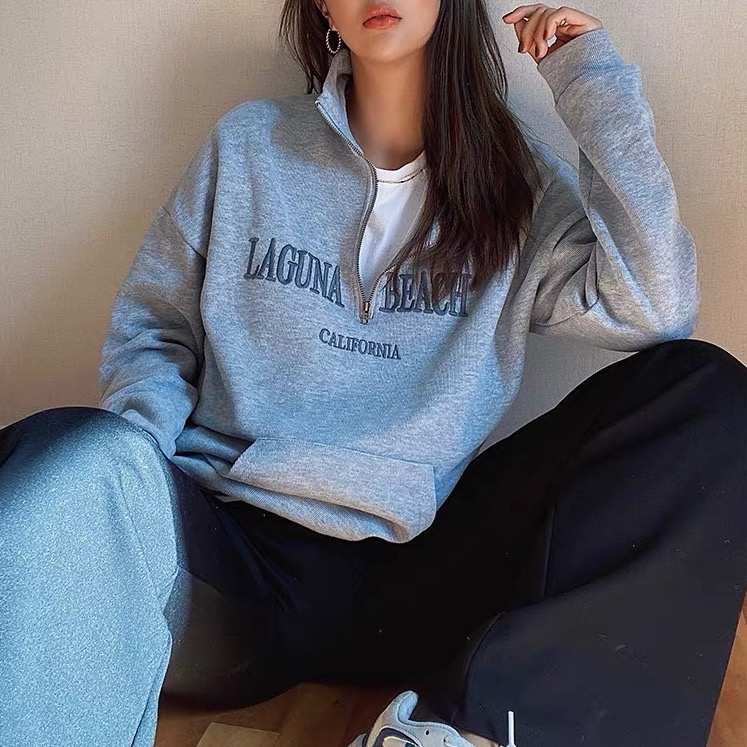 Sweat-shirt brodé à manches longues pour femme, pull surdimensionné gris, logo imprimé, demi-fermeture éclair, ras du cou, 2020