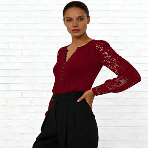 Blusa Elegante Informal para Mujer, Color Rojo Menta, Encaje, Manga Larga, Cuello en V, Botones al Frente, Transpirable, para Uso Diario y Fiestas - Product Image 6