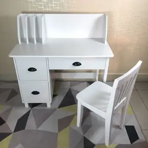 Wooden Study Desk For Children With Chair Bulletin Board And Cabinets White