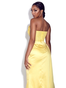 Agrifoglio Limone Cristallizzato Corsetto In Raso Abito Maxi <span class=keywords><strong>Vestito</strong></span> Elegante Abiti Da Sera di Alta Fessura - Product Image 2