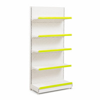 Étagère de magasin de proximité blanche à une face avec bande de prix jaune pour présentation de produits de vente au détail