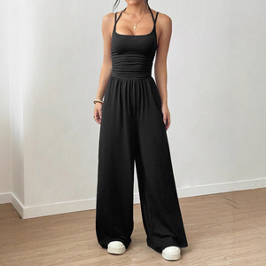 Custom Women Halter Neck High Waist Jumpsuit Bandeau Cami Wide Leg Loose Fit Summer Casual Top Anti-Wrinkle Ruched Screen - Product Image 3